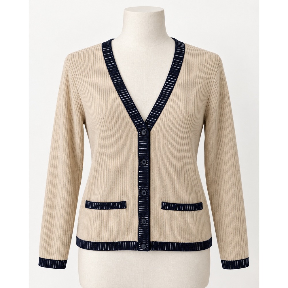 Emma James Liz Claiborne Ribbed Cardigan Beige Navy Blue Trim XL
